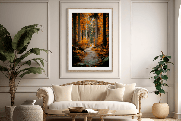 Framed wall art of an autumn woodland path with tall pines and golden leaves. A tranquil seasonal forest print. Ready to hang.