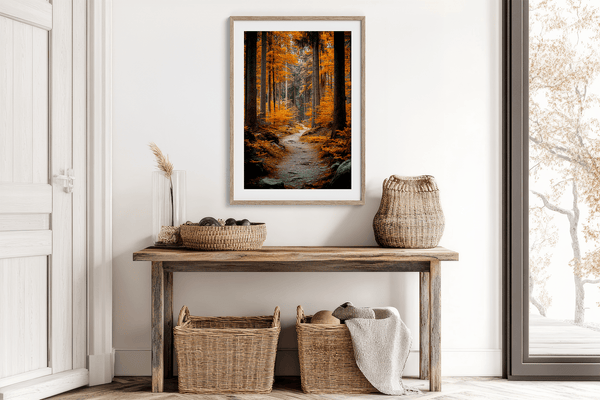 Framed wall art of an autumn woodland path with tall pines and golden leaves. A tranquil seasonal forest print. Ready to hang.