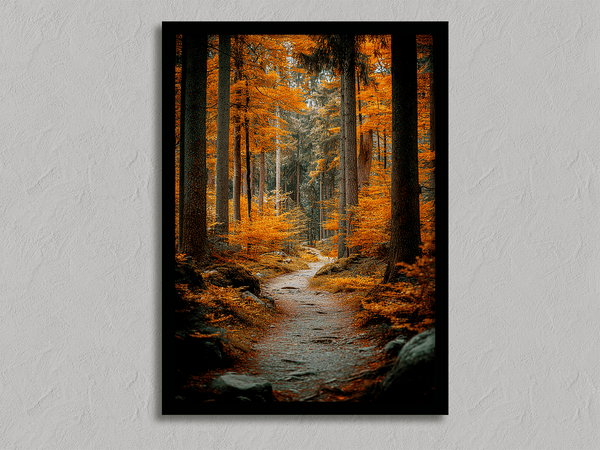 Framed wall art of an autumn woodland path with tall pines and golden leaves. A tranquil seasonal forest print. Ready to hang.