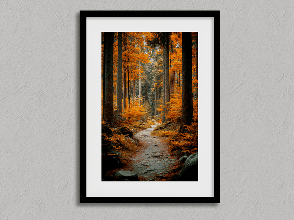 Framed wall art of an autumn woodland path with tall pines and golden leaves. A tranquil seasonal forest print. Ready to hang.