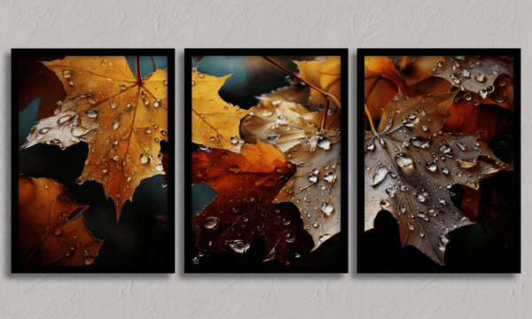 Bring autumn indoors with Whispers of Autumn, a vibrant triptych wall art print of richly coloured fall leaves with dewdrop detail.