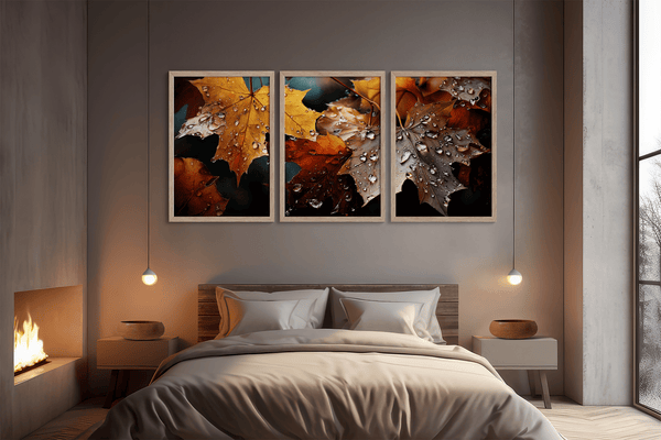 Bring autumn indoors with Whispers of Autumn, a vibrant triptych wall art print of richly coloured fall leaves with dewdrop detail.