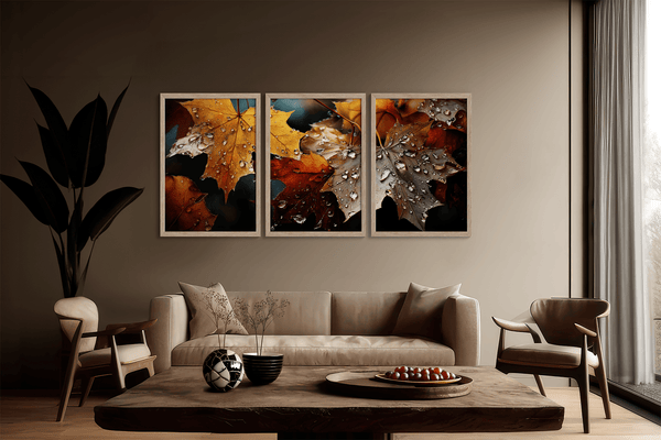 Bring autumn indoors with Whispers of Autumn, a vibrant triptych wall art print of richly coloured fall leaves with dewdrop detail.