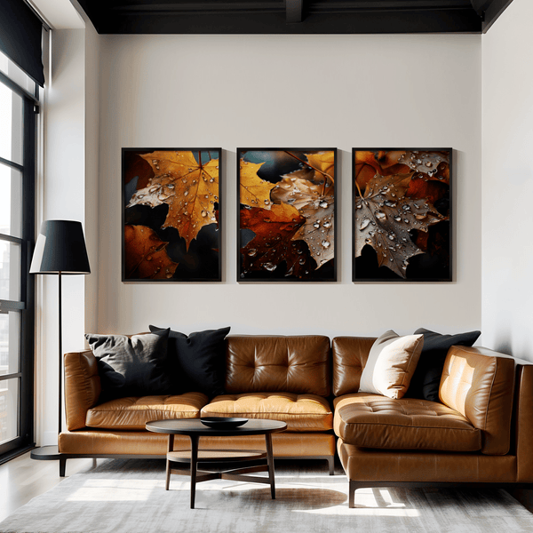 Bring autumn indoors with Whispers of Autumn, a vibrant triptych wall art print of richly coloured fall leaves with dewdrop detail.