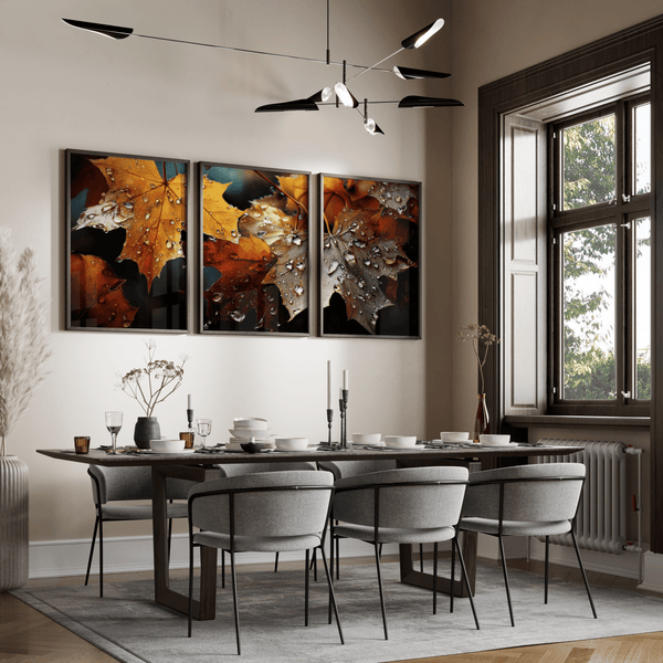 Bring autumn indoors with Whispers of Autumn, a vibrant triptych wall art print of richly coloured fall leaves with dewdrop detail.