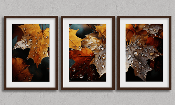 Bring autumn indoors with Whispers of Autumn, a vibrant triptych wall art print of richly coloured fall leaves with dewdrop detail.