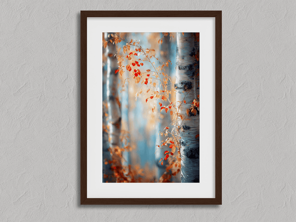 Framed wall art of birch trees in soft autumn light. Crimson and amber leaves drift in golden calm. A tranquil seasonal print.