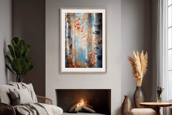 Framed wall art of birch trees in soft autumn light. Crimson and amber leaves drift in golden calm. A tranquil seasonal print.