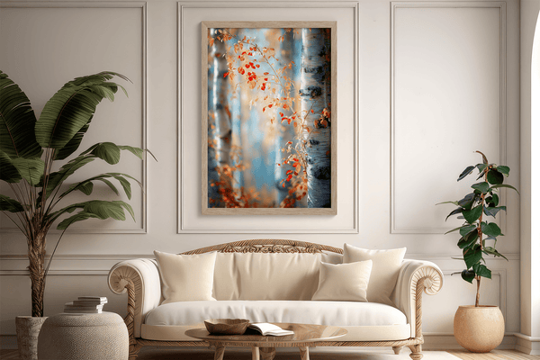 Framed wall art of birch trees in soft autumn light. Crimson and amber leaves drift in golden calm. A tranquil seasonal print.
