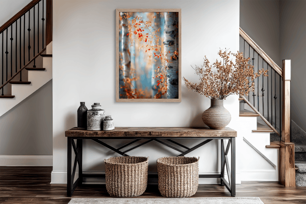 Framed wall art of birch trees in soft autumn light. Crimson and amber leaves drift in golden calm. A tranquil seasonal print.