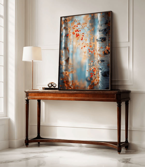 Framed wall art of birch trees in soft autumn light. Crimson and amber leaves drift in golden calm. A tranquil seasonal print.