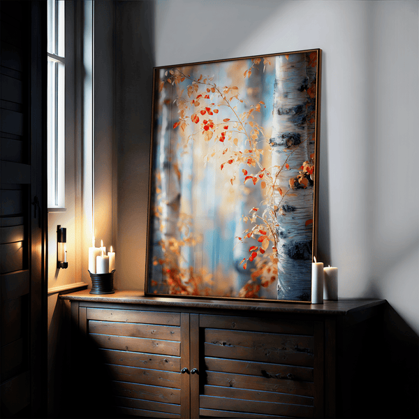 Framed wall art of birch trees in soft autumn light. Crimson and amber leaves drift in golden calm. A tranquil seasonal print.