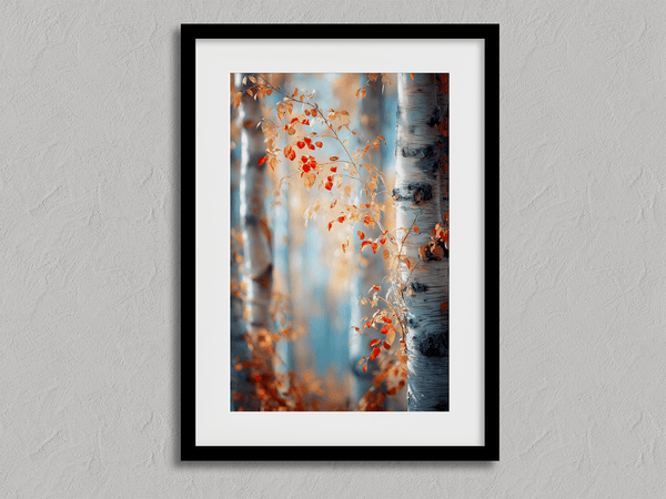 Framed wall art of birch trees in soft autumn light. Crimson and amber leaves drift in golden calm. A tranquil seasonal print.