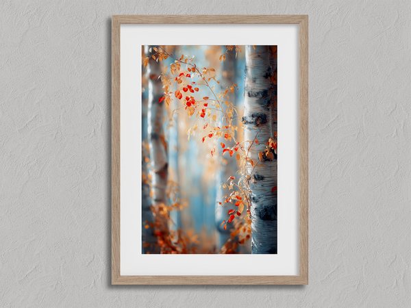 Framed wall art of birch trees in soft autumn light. Crimson and amber leaves drift in golden calm. A tranquil seasonal print.