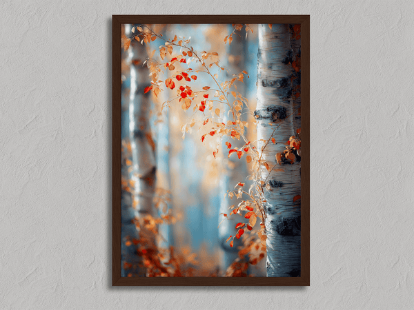 Framed wall art of birch trees in soft autumn light. Crimson and amber leaves drift in golden calm. A tranquil seasonal print.