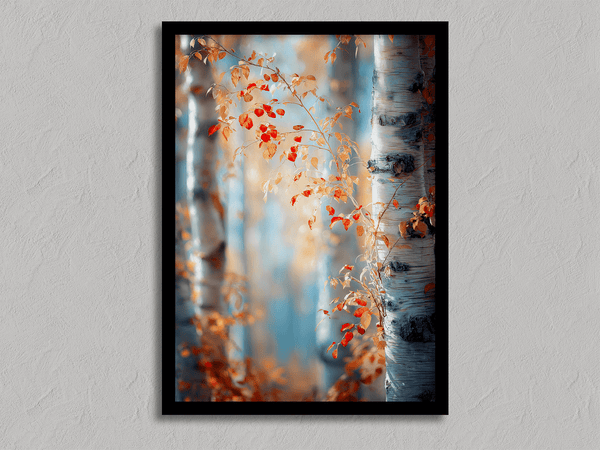 Framed wall art of birch trees in soft autumn light. Crimson and amber leaves drift in golden calm. A tranquil seasonal print.