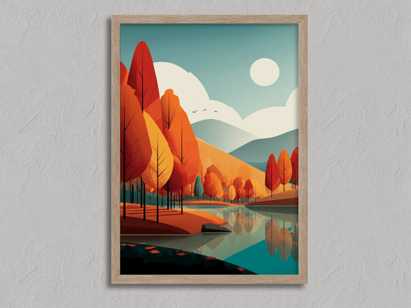 Framed wall art of misty pine trees with glowing amber foliage. A moody autumn woodland print, introspective and calm. Ready to hang.