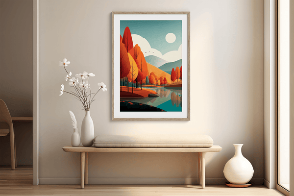 Framed wall art of misty pine trees with glowing amber foliage. A moody autumn woodland print, introspective and calm. Ready to hang.