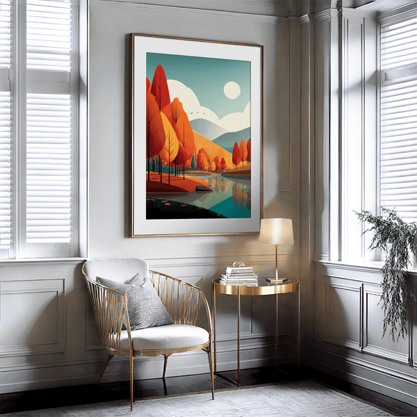 Framed wall art of misty pine trees with glowing amber foliage. A moody autumn woodland print, introspective and calm. Ready to hang.