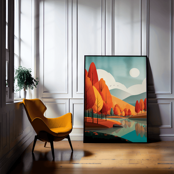 Framed wall art of misty pine trees with glowing amber foliage. A moody autumn woodland print, introspective and calm. Ready to hang.