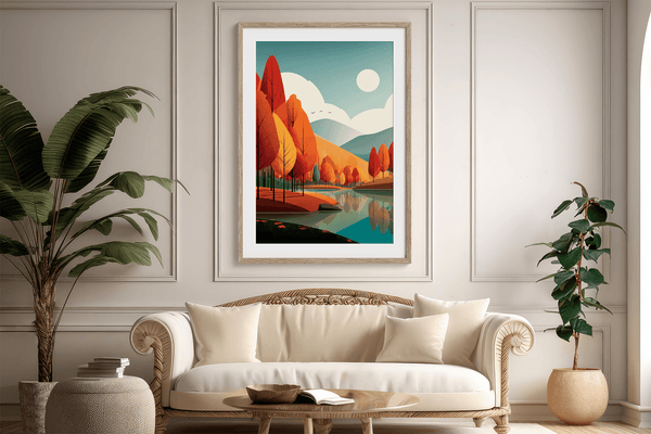 Framed wall art of misty pine trees with glowing amber foliage. A moody autumn woodland print, introspective and calm. Ready to hang.