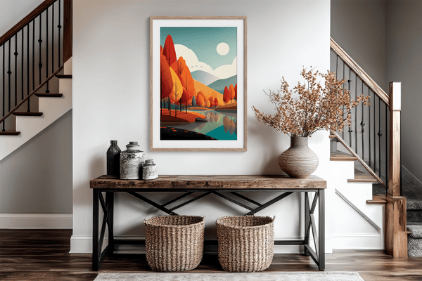 Framed wall art of misty pine trees with glowing amber foliage. A moody autumn woodland print, introspective and calm. Ready to hang.