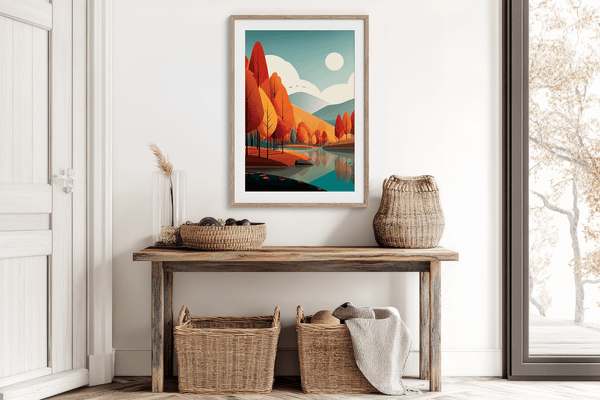 Framed wall art of misty pine trees with glowing amber foliage. A moody autumn woodland print, introspective and calm. Ready to hang.