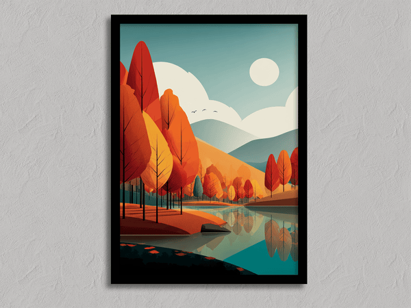 Framed wall art of misty pine trees with glowing amber foliage. A moody autumn woodland print, introspective and calm. Ready to hang.