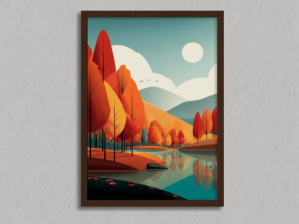 Framed wall art of misty pine trees with glowing amber foliage. A moody autumn woodland print, introspective and calm. Ready to hang.