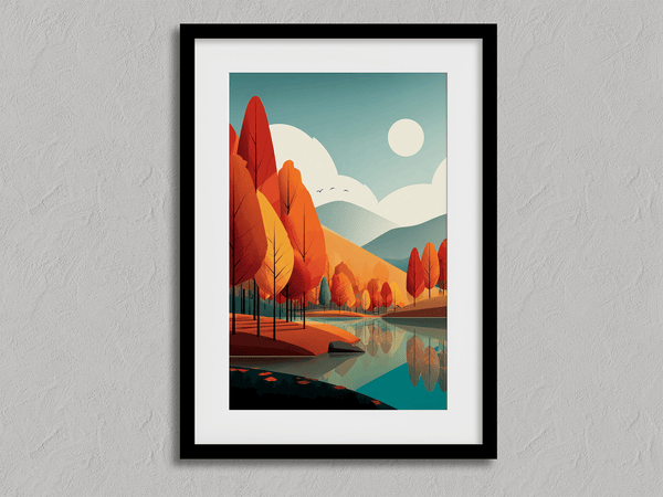 Framed wall art of misty pine trees with glowing amber foliage. A moody autumn woodland print, introspective and calm. Ready to hang.