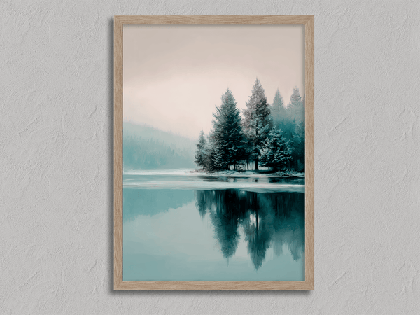 Framed fine art print of a snowy forest reflected in a frozen lake. A serene winter landscape, printed on archival paper and ready to hang.