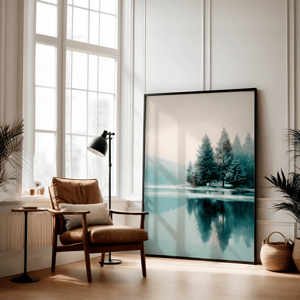 Framed fine art print of a snowy forest reflected in a frozen lake. A serene winter landscape, printed on archival paper and ready to hang.
