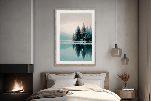 Framed fine art print of a snowy forest reflected in a frozen lake. A serene winter landscape, printed on archival paper and ready to hang.