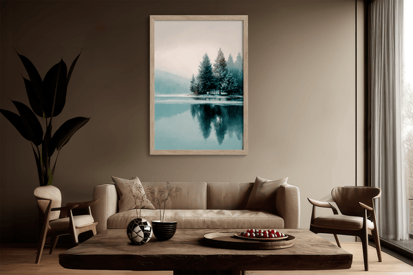 Framed fine art print of a snowy forest reflected in a frozen lake. A serene winter landscape, printed on archival paper and ready to hang.