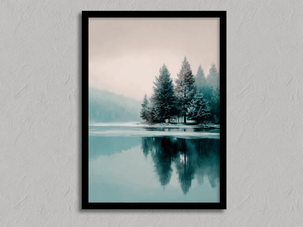 Framed fine art print of a snowy forest reflected in a frozen lake. A serene winter landscape, printed on archival paper and ready to hang.