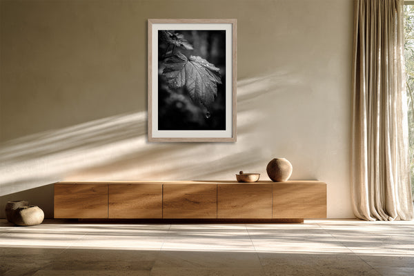 Framed black-and-white rain-covered leaf photograph above a low wooden cabinet with ceramic vessels.