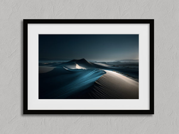 Blue Hour Dunes shown in a black frame with a white border or mount.