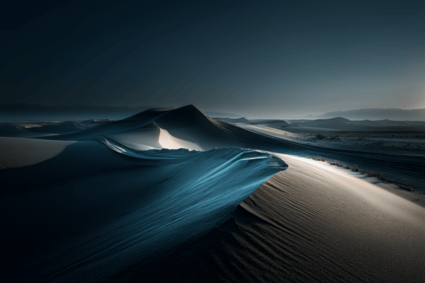 Blue-grey desert sand dunes with rippled textures, pale light and distant mountains beneath a dark sky.