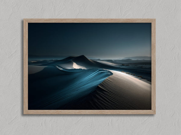 Blue Hour Dunes shown in an oak frame without a border or mount.