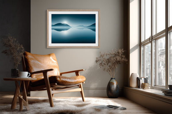 Blue Mirror mountain lake print in a light wood frame above a leather chair.