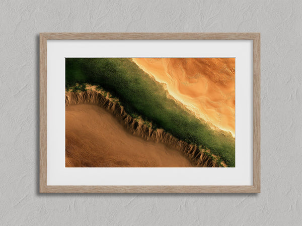 Aerial view of dense green vegetation meeting sculpted golden desert sand.