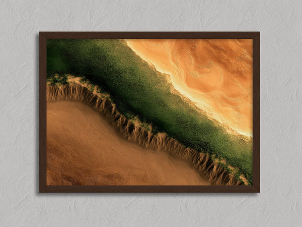 Edge of the Oasis shown in a walnut frame without a border or mount.