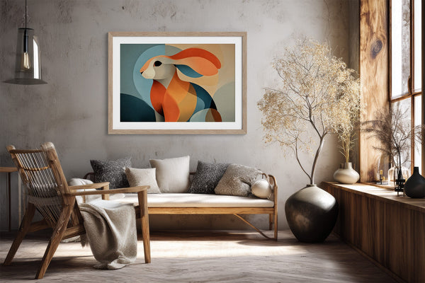 Light wood-framed abstract hare print above a wooden bench in a rustic sunlit setting.