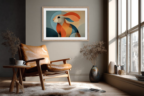 Light-framed abstract hare print above a tan leather lounge chair by a window.