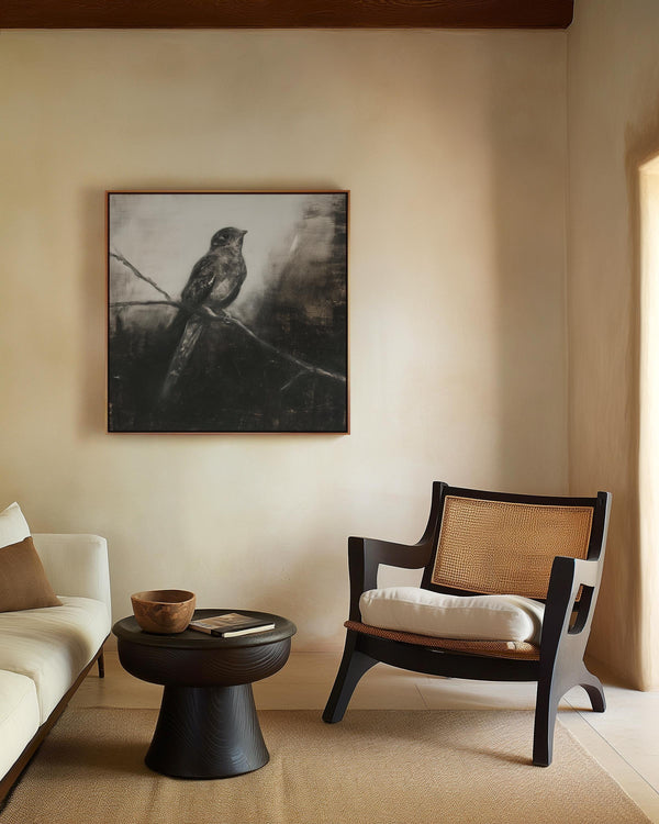 Canvas wall art of a solitary nightjar in monochrome. A contemplative charcoal bird print, ready to hang.