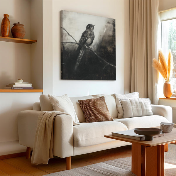 Canvas wall art of a solitary nightjar in monochrome. A contemplative charcoal bird print, ready to hang.