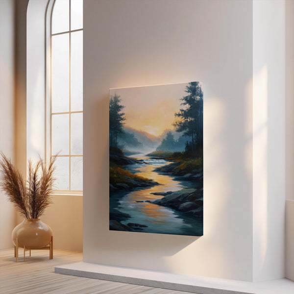 Canvas wall art of a sunrise over a misty river and forest. A calming watercolour-inspired print, ready to hang.