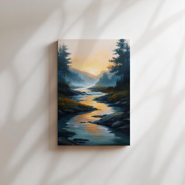 Canvas wall art of a sunrise over a misty river and forest. A calming watercolour-inspired print, ready to hang.