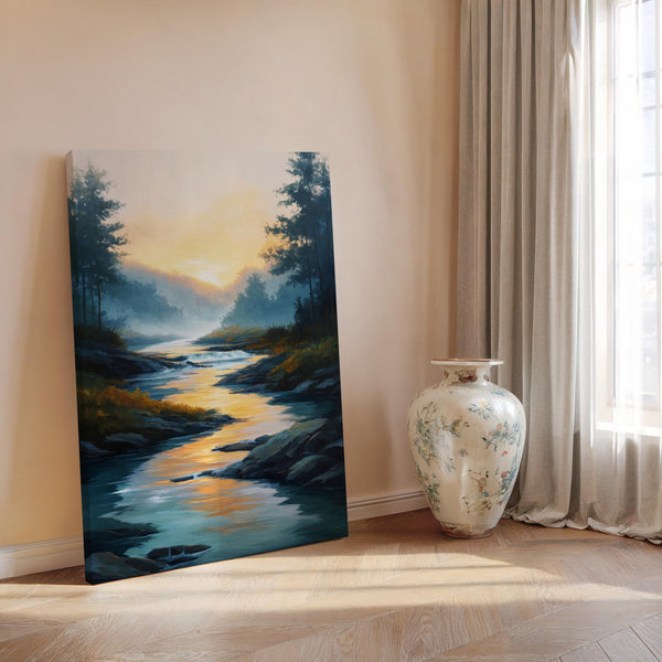 Canvas wall art of a sunrise over a misty river and forest. A calming watercolour-inspired print, ready to hang.