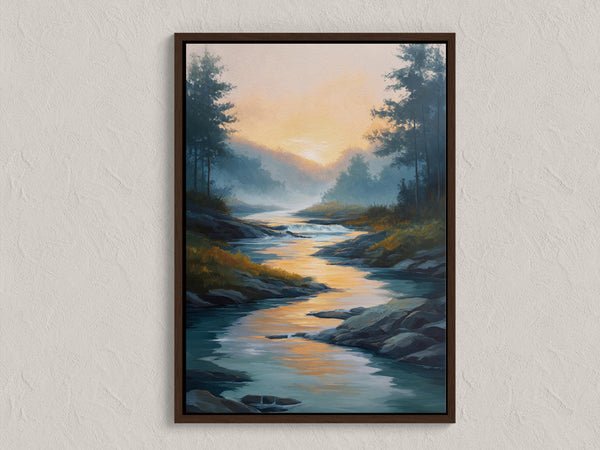 Canvas wall art of a sunrise over a misty river and forest. A calming watercolour-inspired print, ready to hang.